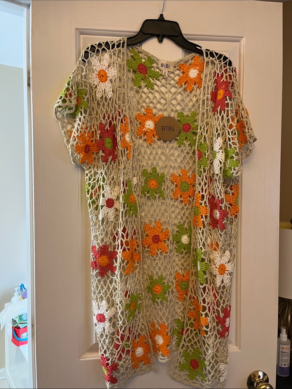 BiBi Cream NWT Crochet Floral Duster with Orange, White, Green & Pink Flowers